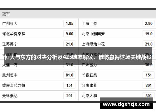 恒大与东方的对决分析及425赔率解读，谁将赢得这场关键战役