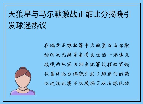 天狼星与马尔默激战正酣比分揭晓引发球迷热议